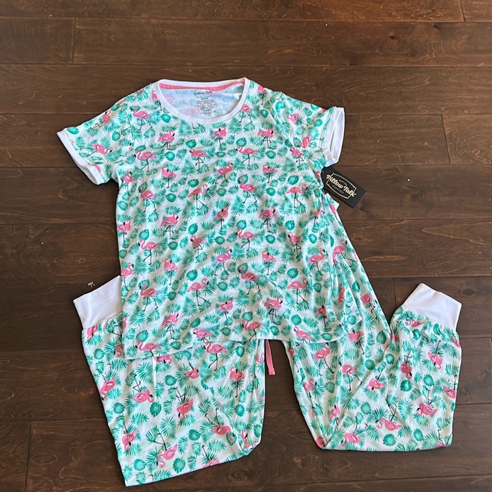 Pillow Talk 2 Pc Pajama Set New Flamingoes Tropical Palm Fronds New